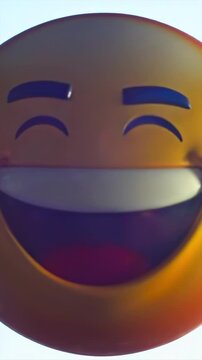 Emoji morphing vertical frame into exaggerated laughter, open mouth and raised cheeks for humorous reaction, positive feedback, social reply, entertainment chat, and app engagement media use
