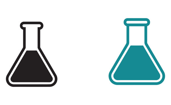 Scientific laboratory flask icons for chemistry research and chemical experiments with science icon