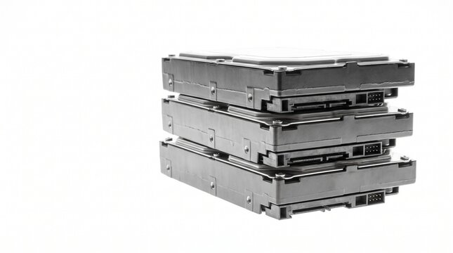 Hard drives stack on a solid white background in studio lighting.