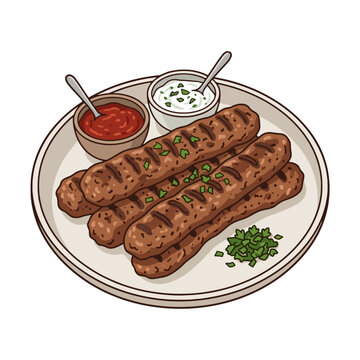 Traditional Bulgarian Style Kebapche Grilled Minced Meat Rolls Served with Lyutenitsa and Dip Vector Art