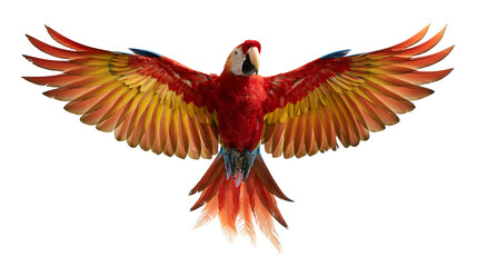 Fototapeta premium Scarlet macaw parrot flying with wings spread wide showing vibrant red and yellow