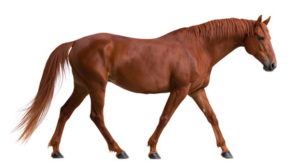 Fototapeta premium Chestnut brown horse walking with long flowing mane and tail