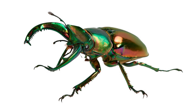 Iridescent metallic green stag beetle with large mandibles