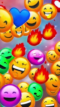 Emoji icons flying wide view across screen like reaction storm, supporting social media graphics, chat messaging, user feedback, meme packs, online engagement, and entertainment app campaign media.