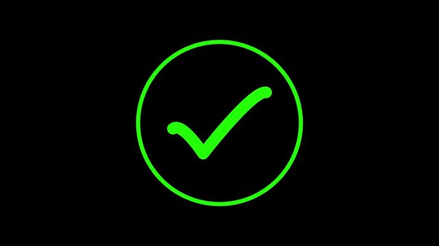Check mark animation pulses within a circular ring on dark. Task completion verification confirms on check mark. Approved quality assurance validation clears on check mark.