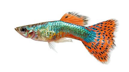Vibrant multicolored male guppy fish with iridescent scales and spotted tail fin © Natalia