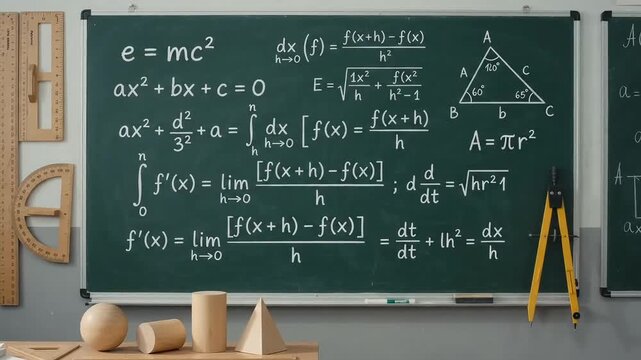 Mathematical formulas and scientific equations floating on chalkboard