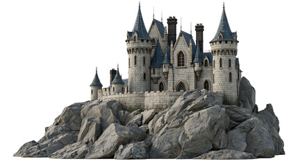 Medieval stone castle with blue conical roofs perched on a jagged rocky cliff © Natalia