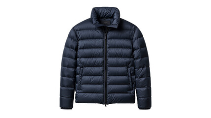 Dark blue quilted puffer jacket with high collar and full length zipper © Natalia