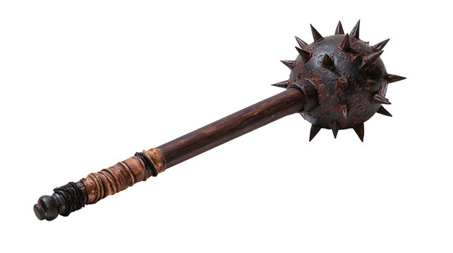 Medieval iron spiked mace with a wooden handle and leather wrapped grip