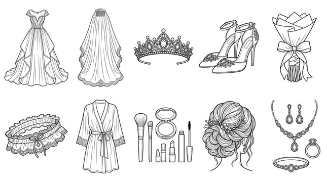 Bridal accessories with gowns veil crown shoes set line drawing vector designs