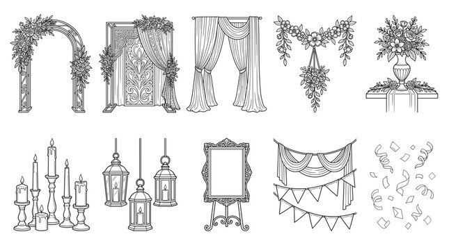 Wedding decorations with arches curtains candles garlands set line drawing vector designs
