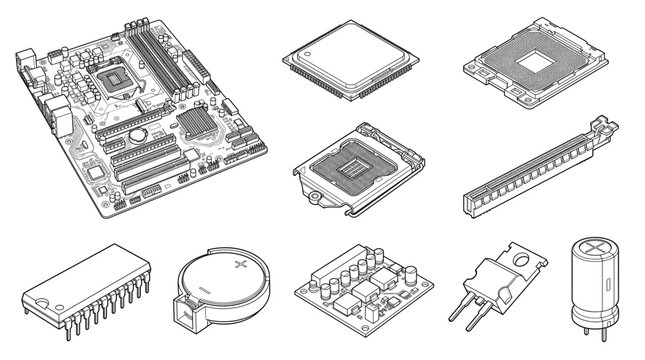 Motherboard components with processors chips connectors set line drawing vector designs