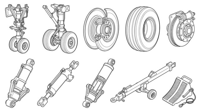 Aircraft landing gear with wheels struts assemblies set line drawing vector designs