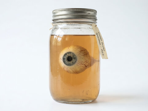 Preserved human eye specimen in glass jar photo, medical science curiosity
