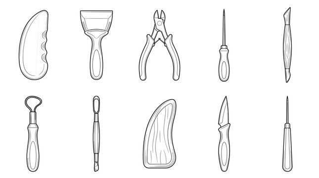Pottery tools with shaping carving trimming tools set line drawing vector designs