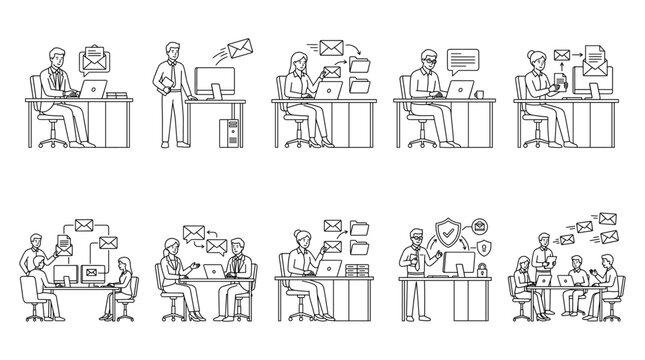 Email communication with messages computers people set line drawing vector designs
