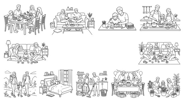 Family life with parents children activities set line drawing vector designs