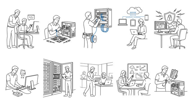 IT services with computers networking support set line drawing vector designs