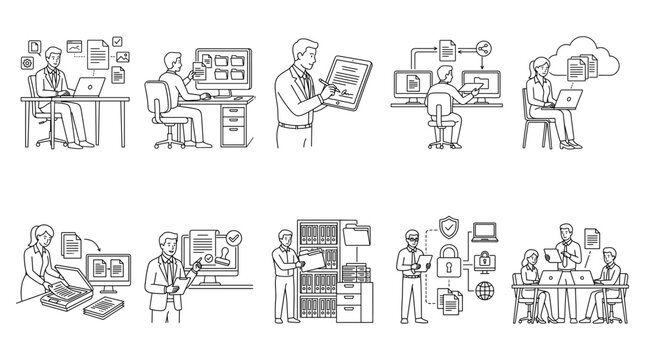 Digital documents with files scanning storage set line drawing vector designs
