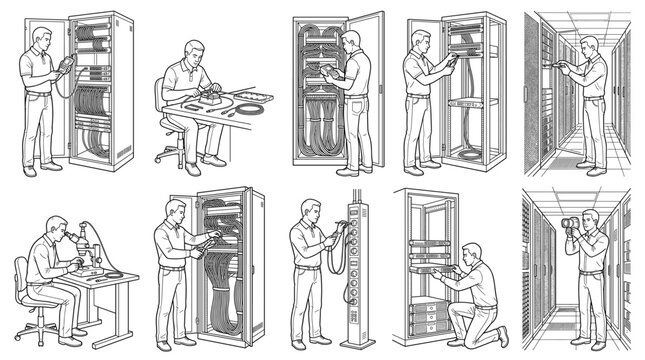 Data center technicians with servers equipment set line drawing vector designs
