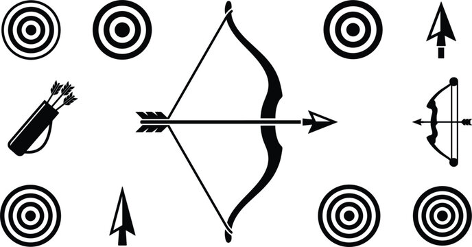 Archery and Target Silhouette Icon Set with Bows, Arrows, Quivers, and Bullseye Symbols for Sports Clubs, Hunting Brands, and Competition Logo Designs