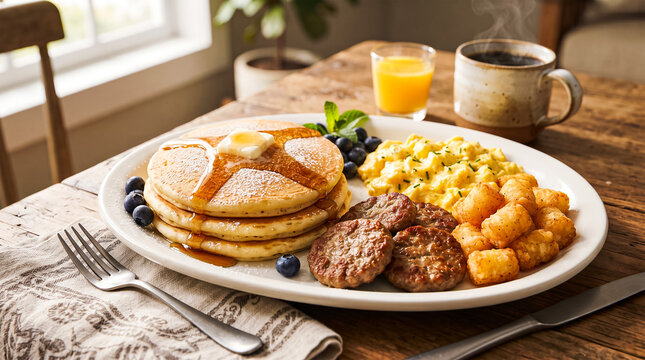Hearty breakfast platter with pancakes, scrambled eggs, sausage patties and tater tots on a table