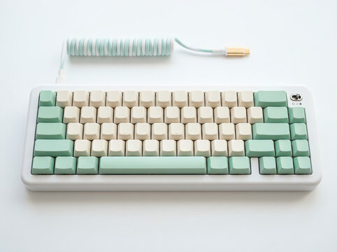 Custom mechanical keyboard photo with pastel green and beige keycaps and coiled aviator cable