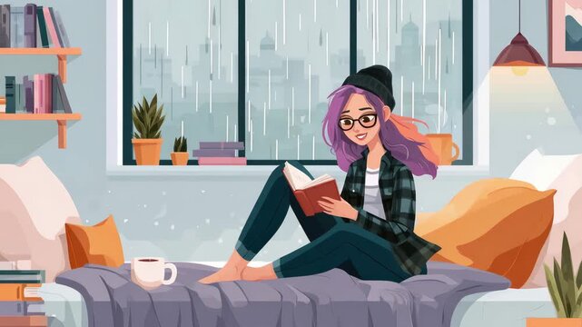 teenage girl reads a book in childs room on a rainy day illustrated animation