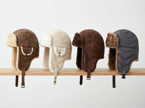 Winter hats photo, four stylish trapper hats with fur lining displayed on wooden shelf