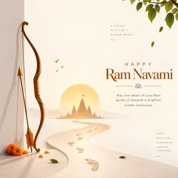 Happy ram navami decorative composition with divine bow and temple path