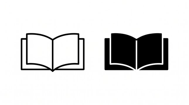 Set of open book vector icons in outline and solid glyph styles for education and reading design