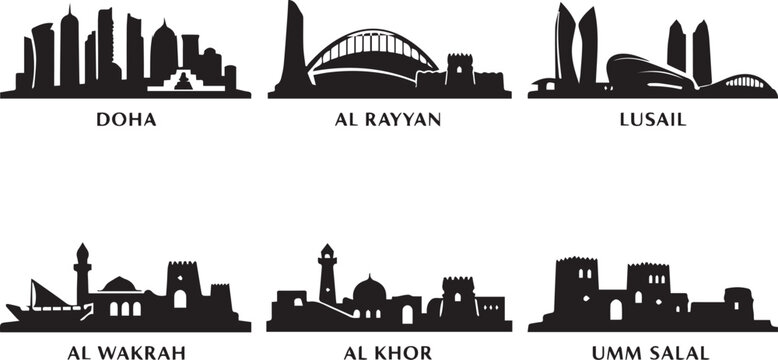 Set of six major city skylines in qatar featuring a minimalist black and white artistic design silhouette