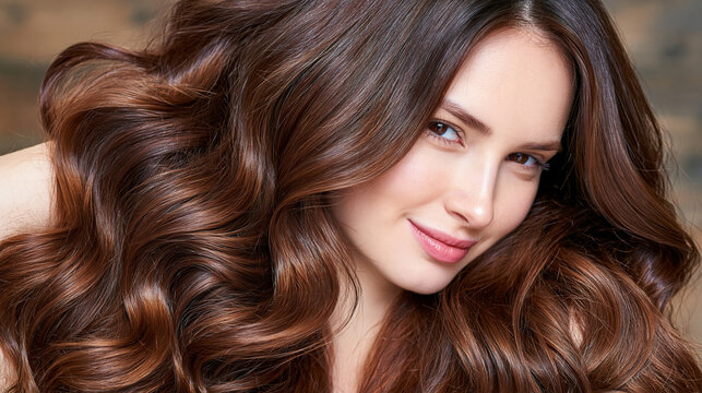 Close-up beauty concept featuring glossy deep brunette wavy hair with voluminous natural curls, detailed healthy strands and subtle highlights, smooth polished texture symbolizing professional hair 
