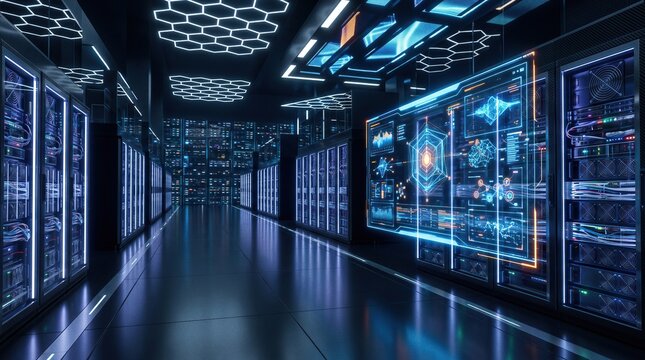 Data center technician inspecting server racks in high-tech infrastructure facility with blue lighting