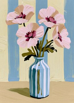 Hand painted floral still life with pink flowers in a blue striped vase featuring visible brush strokes soft pastel colors and decorative botanical style