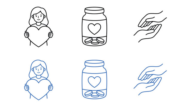 Set of charity and donation icons including person holding heart, donation jar, and helping hands