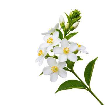 Beautiful white jasmine flowers with green leaves on a stem