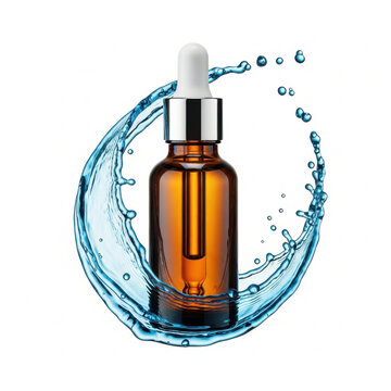 Amber glass dropper bottle for essential oil surrounded by a dynamic blue water splash