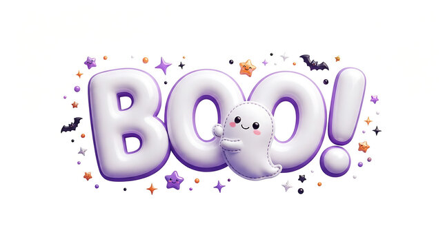 3D BOO Halloween Typography with Purple Glitter and Festive Spooky Decorative Elements on White Background