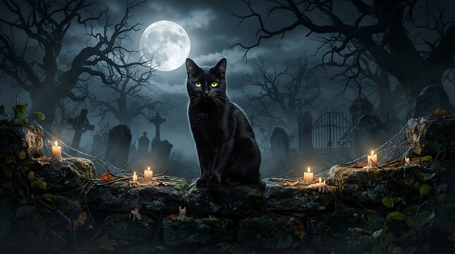 Black Cat Sitting on a Stone Wall Under a Full Moon in a Spooky Halloween Forest at Night