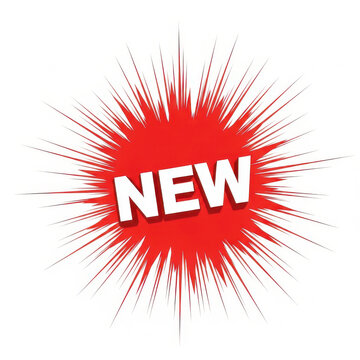 Bright Red Sunburst Graphic with White Text Reading New