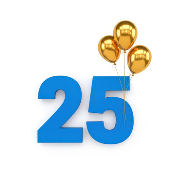 Blue Number Twenty Five for Birthday Celebration with Three Shiny Gold Helium Balloons