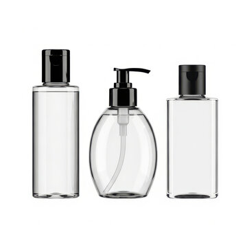 Clear empty cosmetic bottles with black pump and flip top caps for skincare products