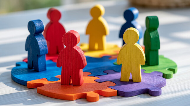Minimalist conceptual scene with colorful wooden figures standing on colorful jigsaw puzzle pieces connected into a unified pattern, visual metaphor for community, diversity, cooperation and shared 