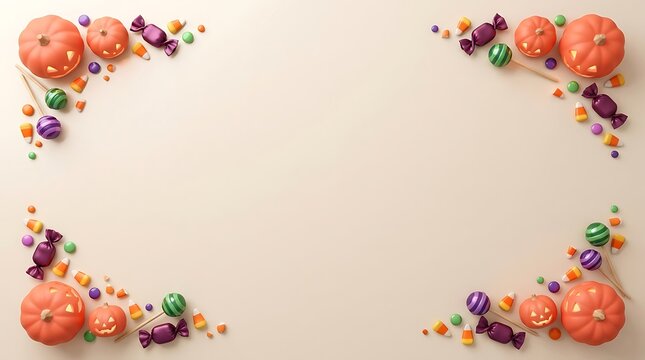 Title: Halloween flat lay border with orange pumpkins, candy corn, lollipops, and wrapped sweets on a light beige background