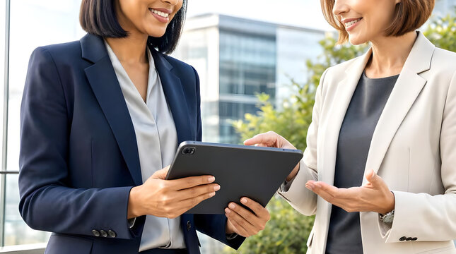Two professional businesswomen collaborating on a digital tablet while discussing new project ideas on a modern office terrace. 