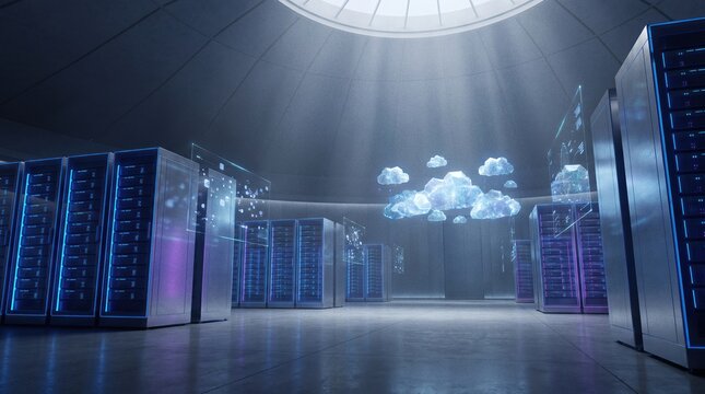 Data center server racks operating in high-tech cloud computing facility with illuminated blue lighting