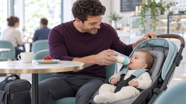 Father Bottle Feeding Baby in Stroller at Cafe