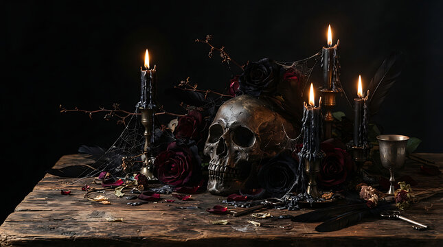 Gothic Halloween Still Life with Jack O Lantern, Skull, Candles and Dark Spooky Decorations on a Table